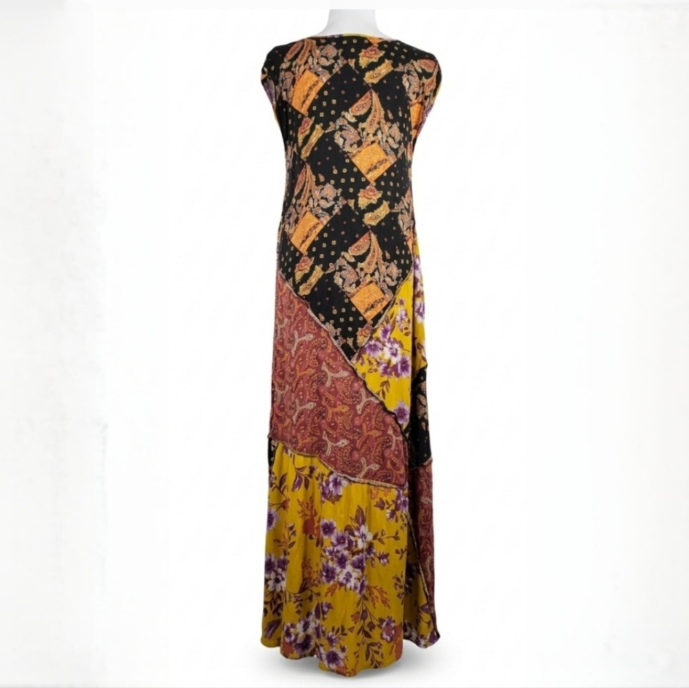 Free People Desert Flower Patched Maxi Dress XS Multicolor V-neck Flowy Boho - Picture 2 of 10